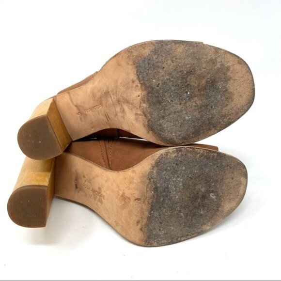 Pour La Victoire Suede Tan Brown 4" Wood Block Heel Peep Toe Mule Ankle Strap 6 - Picture 8 of 12